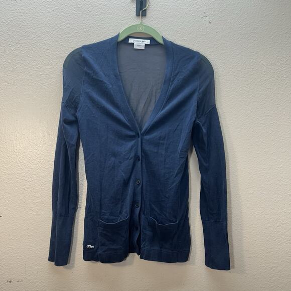 Lacoste Women’s Preppy Button Up Cardigan Navy Blue Silk Back Sheer Sz 32 XXS - Picture 1 of 5
